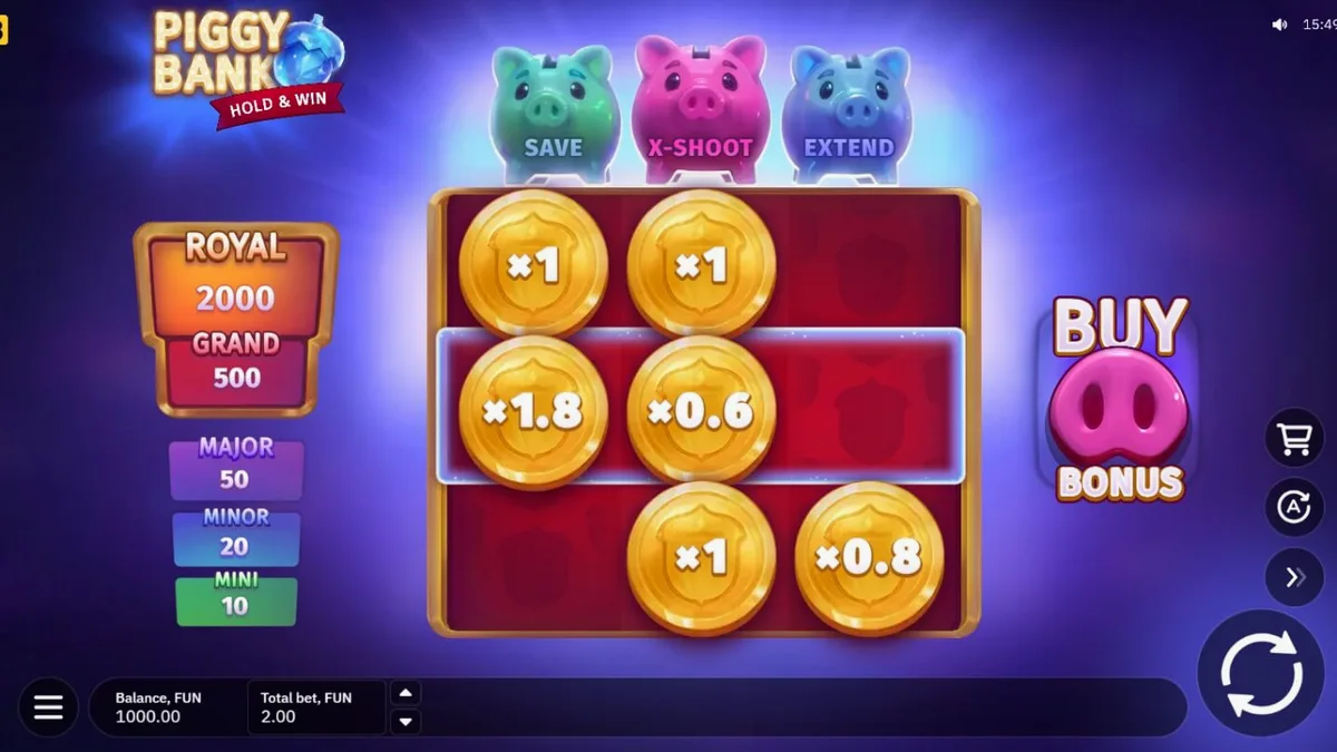 Tampilan layar permainan slot Piggy Bank Hold & Win di perangkat seluler